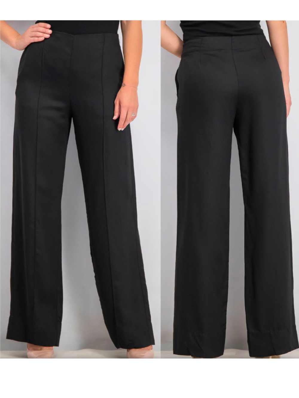 Mango Committed Black Satin Wide-Leg Trousers Pants NWT Sz 10